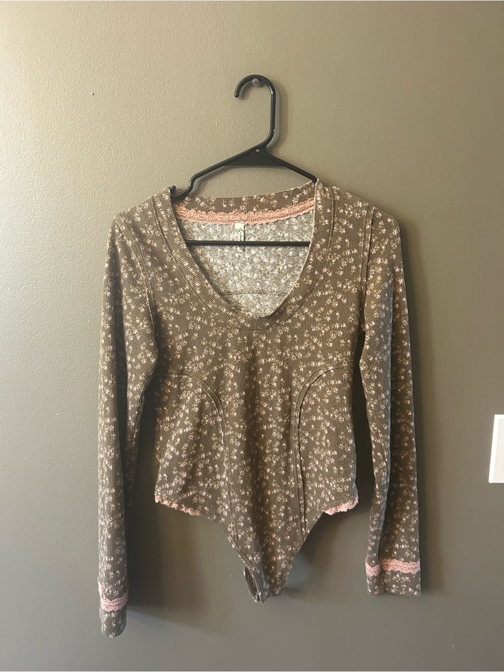 Free People Olive Brown Floral Long Sleeve Bodysuit with Pink Trim - Picture 2 of 4